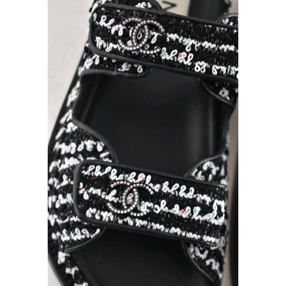 Chanel 22C Black White Tweed CC Logo Mule Slide Strap Flat Dad Teva Sandal 38.5 - Picture 7 of 11